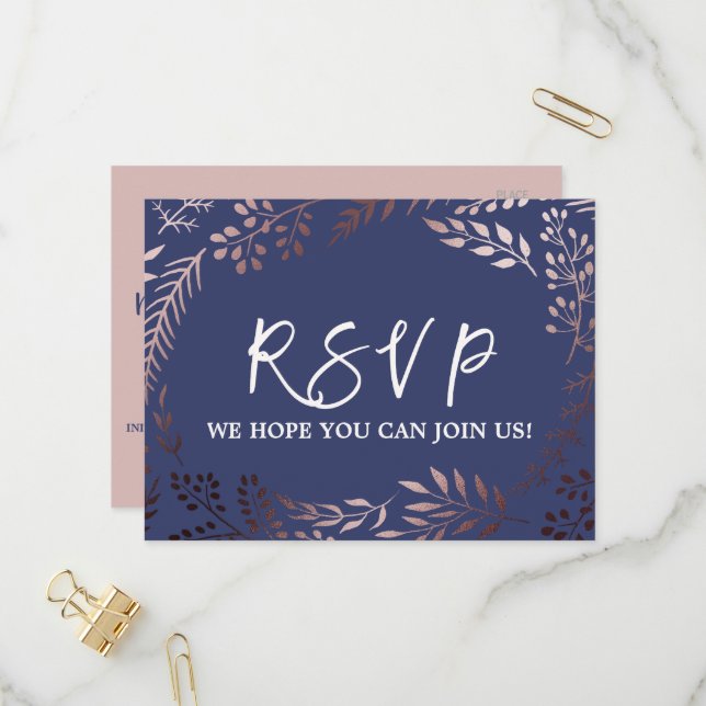 Elegante Rosa Gold & Navy Menu Choice RSVP Postcar (Anverso/Reverso In Situ)