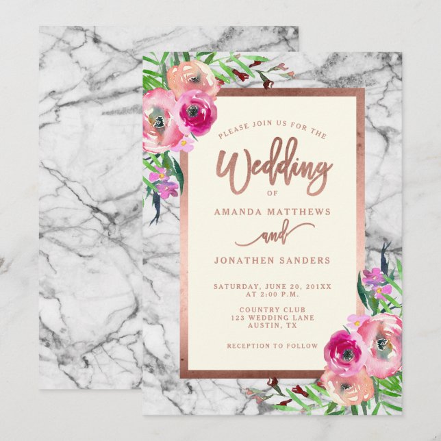 Elegante Rosa Invitación a la Boda Floral de Mármo (Anverso / Reverso)