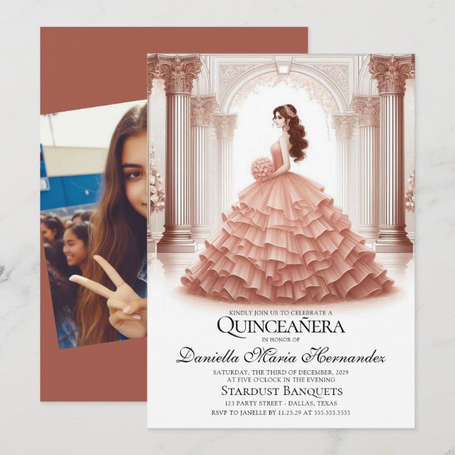Elegante Rosa Invitación a la Quinceañera de oro (Anverso / Reverso)