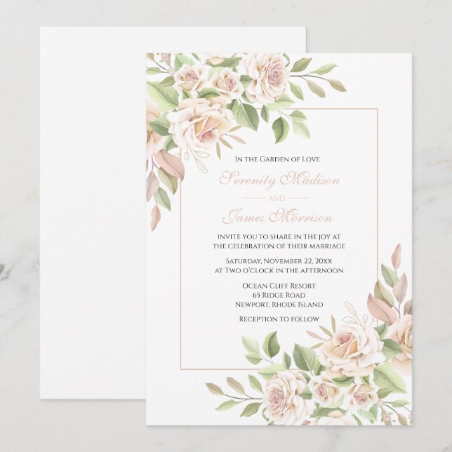 Elegante Rosa Jardín Boda Floral Rosa Invitación (Anverso / Reverso)