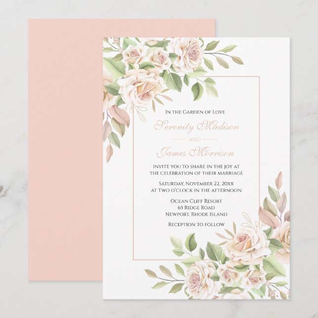 Elegante Rosa Jardín Boda Floral Rosa Invitación (Anverso / Reverso)