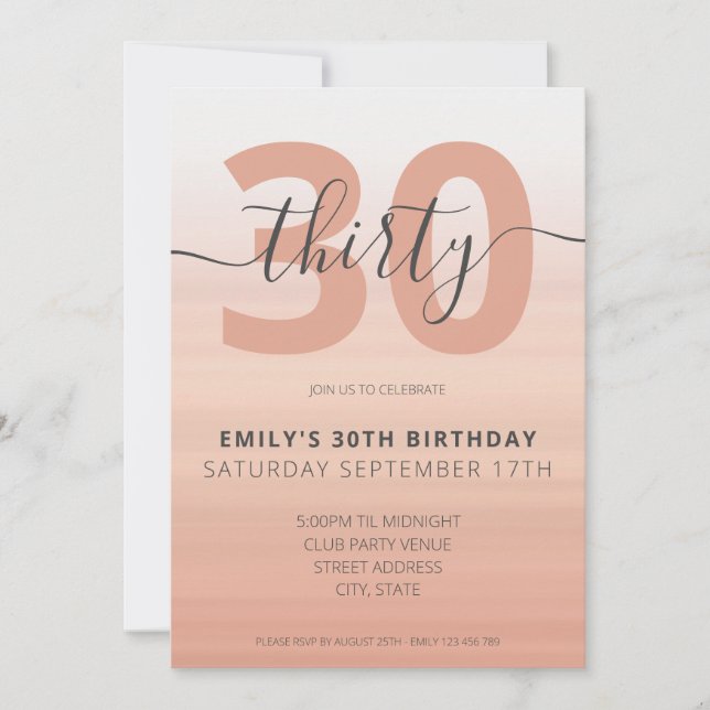 Elegante Rosa moderno Oro 30 cumpleaños invitación (Anverso)