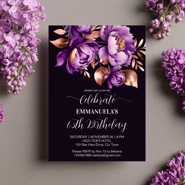 Elegante rosa morado dorado floral plantilla de cu (Elegant purple rose gold peony floral birthday party editable template invitation digital download )