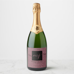 Elegante Rosa Oro en Etiqueta de Vino Negro Brilla