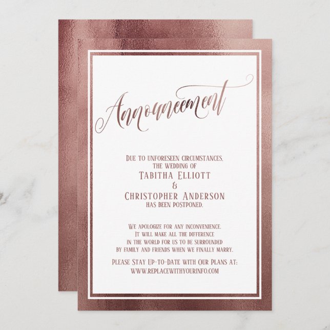 Elegante Rosa Oro pospuesto Boda Invitación (Anverso / Reverso)