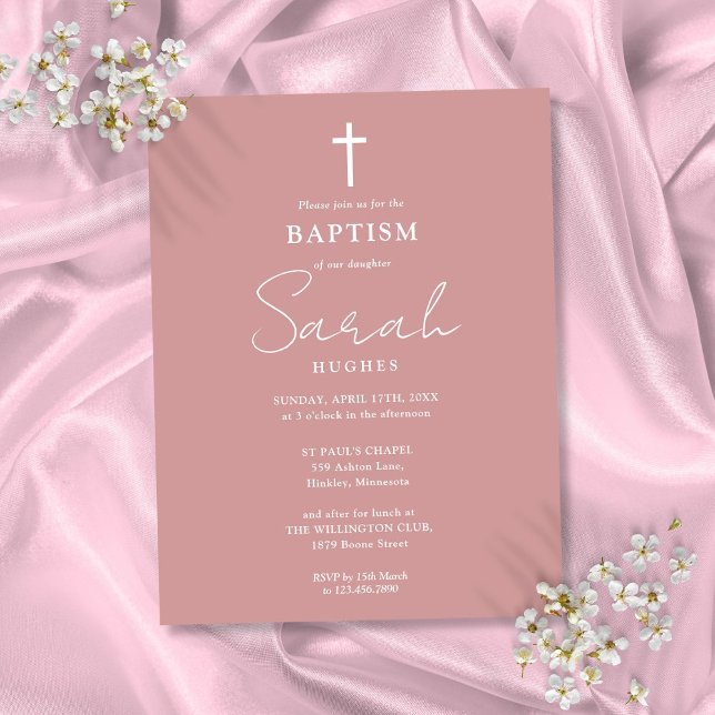 Elegante Rosa polvoriento bautizo Invitación a la  (Elegant Dusty Rose Baptism Christening Invitation Postcard)