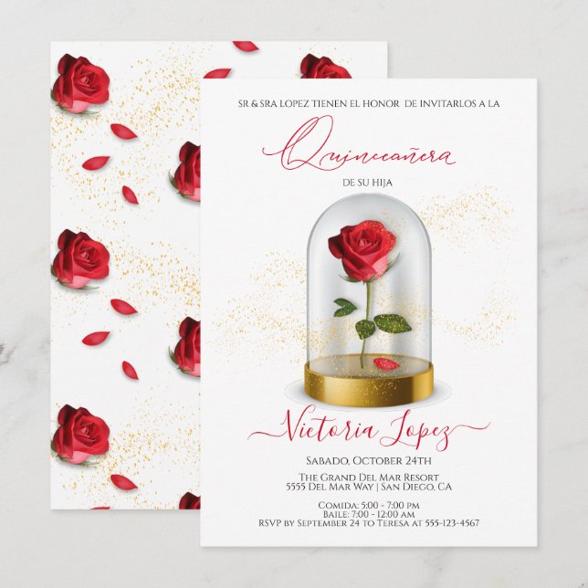 Elegante rosa rojo quinceañera en invitación españ (Anverso / Reverso)