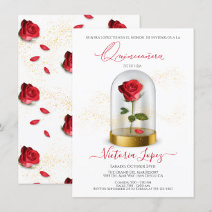 Elegante rosa rojo quinceañera en invitación españ