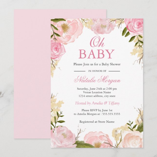 Elegante Rosa Rosa Oh Tarjeta Baby Shower (Anverso / Reverso)