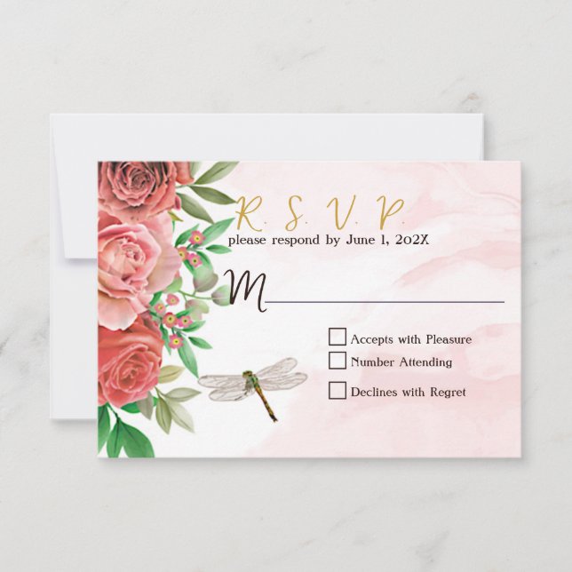 Elegante rosa Roses y Dragonflies Wedding RSVP (Anverso)
