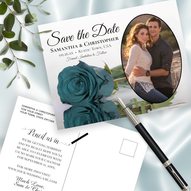 Elegante Rosa Verde Oval Foto Anuncio de Boda Save (Subido por el creador)