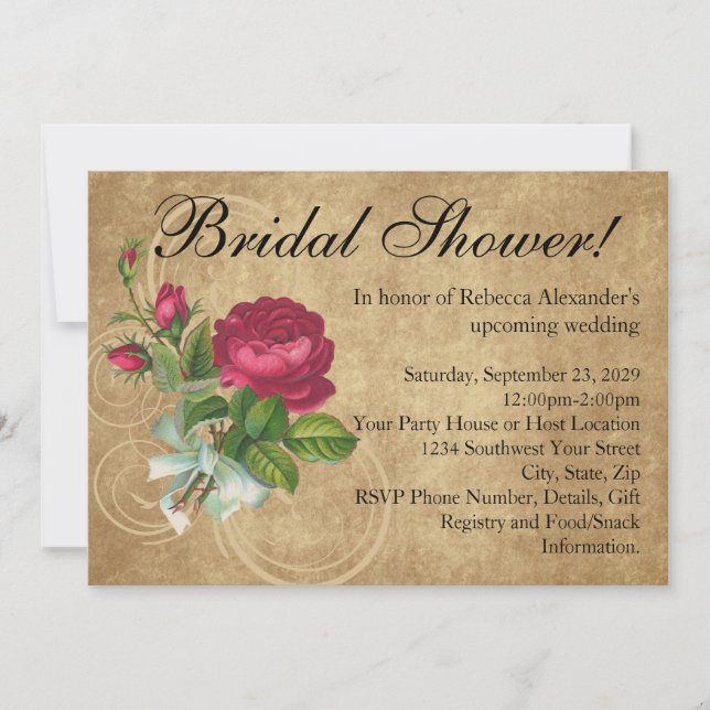 Elegante Rosa Vintage Bridal Shower Invitación (Anverso)
