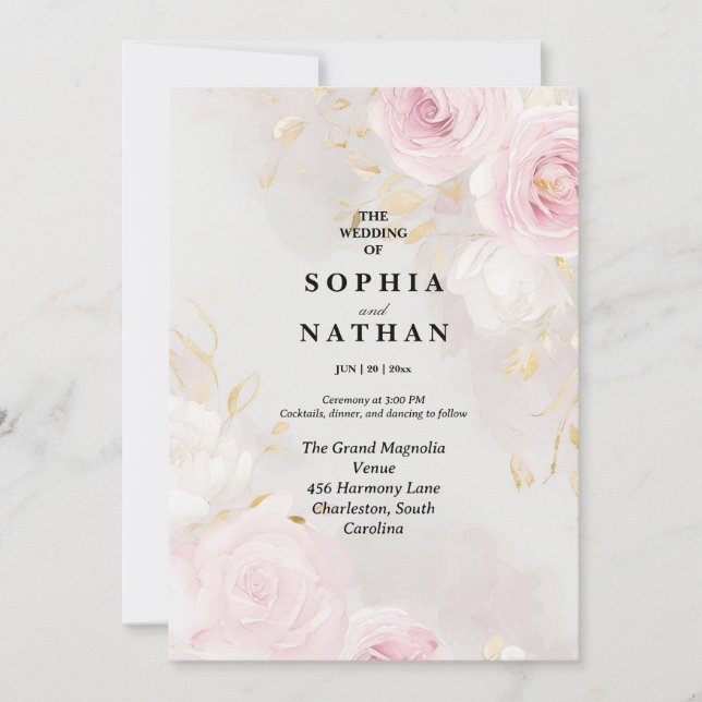 Elegante Rosa y Lily Floral Wedding Invitación (Anverso)