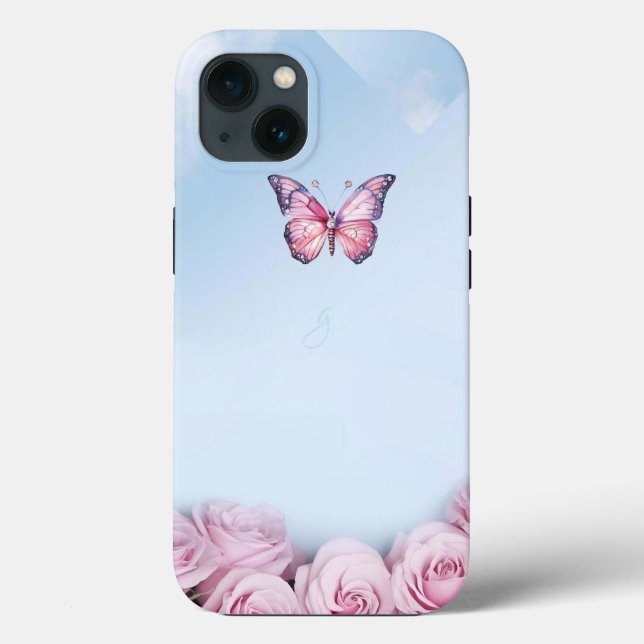 Elegante Rosas de mariposa rosa iPhone 13 Funda (Reverso )