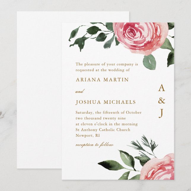 Elegante Rosas de monograma Invitación a la boda (Anverso / Reverso)