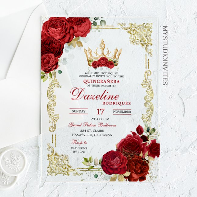 Elegante Roses Rojos Crown Quinceanera Invitación (Subido por el creador)