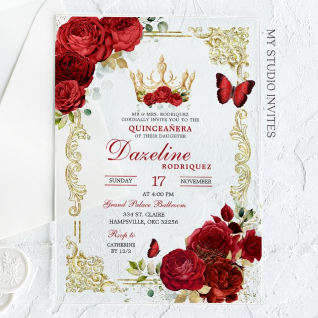 Elegante Roses Rojos Crown Quinceanera Invitación (Subido por el creador)