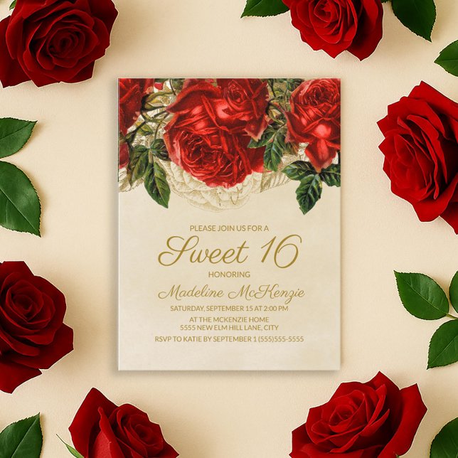Elegante Roses Rojos Tan Dulce Invitación de cumpl (Elegant red roses Sweet 16 birthday party invitation postcard)