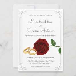 Elegante Roses Rojos y Anillos Invitación a la bod