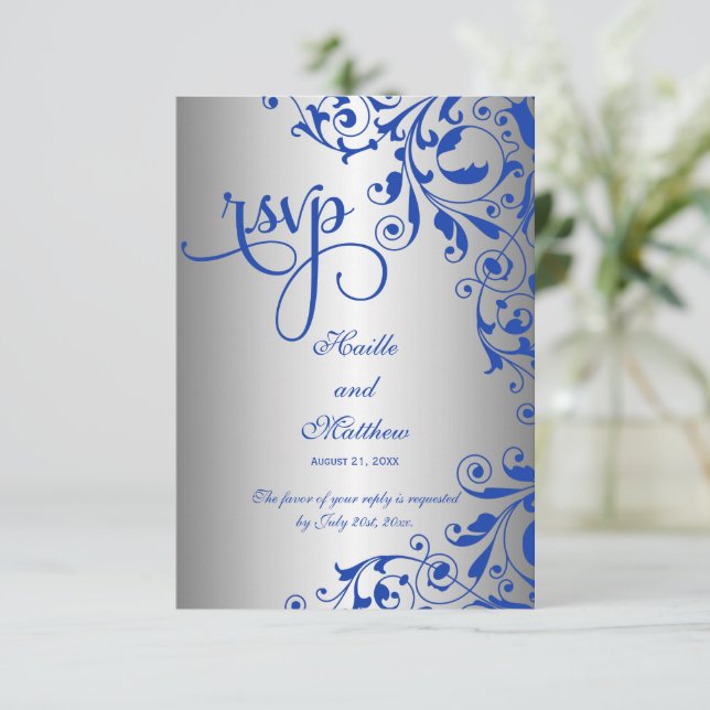 Elegante Royal Blue and Silver Swirls RSVP (Anverso de pie)