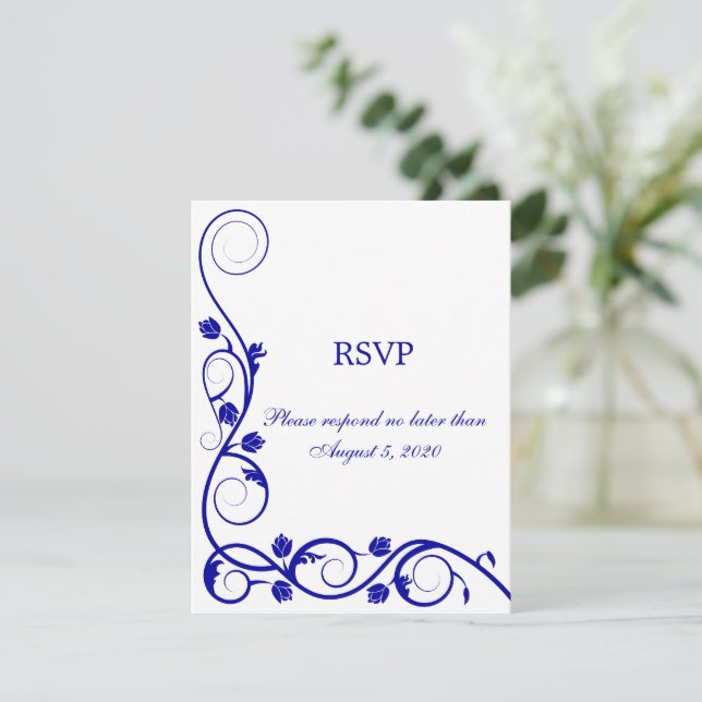 Elegante Royal Blue White Swirls RSVP / Tarjeta de (Anverso de pie)