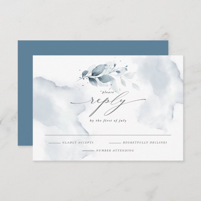 Elegante RSVP Acuarela Foliage Dusty Blue (Anverso / Reverso)