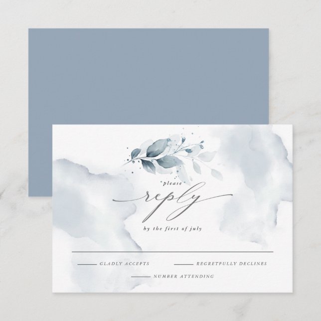 Elegante RSVP Acuarela Foliage Dusty Blue (Anverso / Reverso)