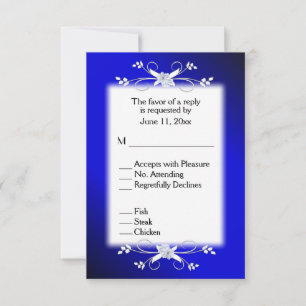 Elegante RSVP azul profundo y negro con menú