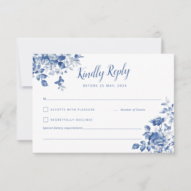 Elegante RSVP con fuente floral azul y caligráfica (Anverso)