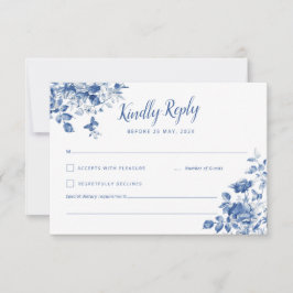 Elegante RSVP con fuente floral azul y caligráfica