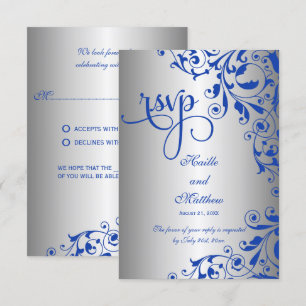 Elegante RSVP con remolinos azules reales y platea