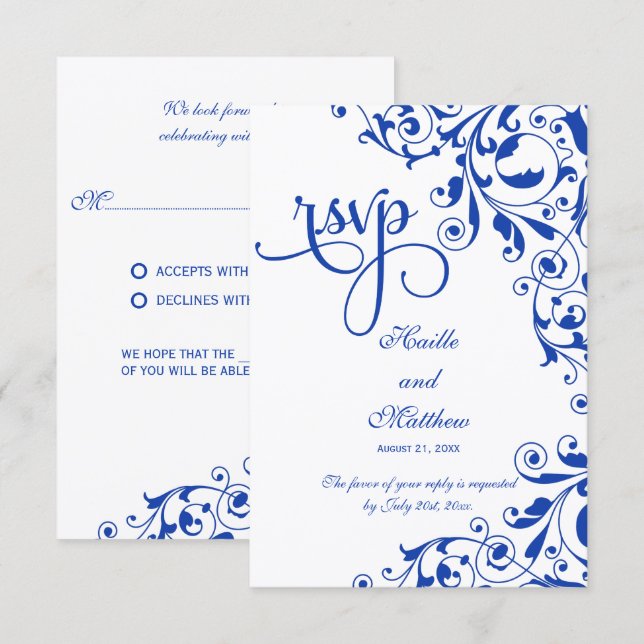 Elegante RSVP con Remolinos de Azul Real (Anverso / Reverso)