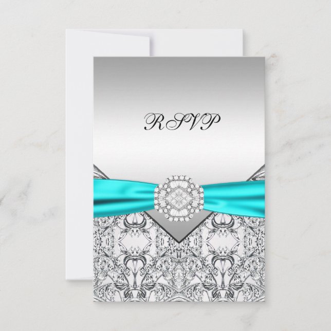 Elegante RSVP de boda azul turquesa y plata (Anverso)