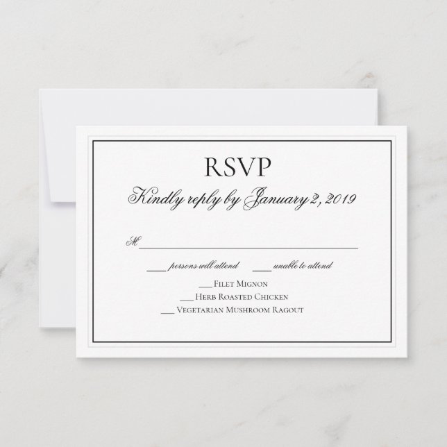 Elegante RSVP de Boda Blanca y Negra (Anverso)