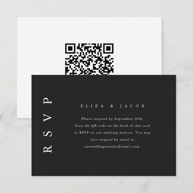 Elegante RSVP de Boda Blanca y Negra con código QR (Anverso / Reverso)