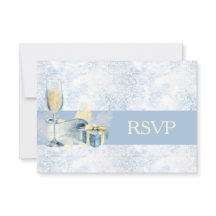 Elegante RSVP de Boda con Champán Azul y Blanco