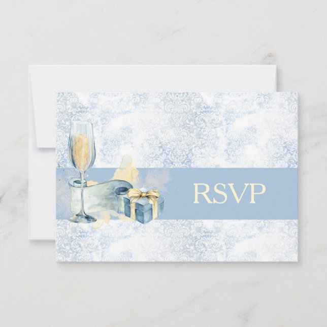 Elegante RSVP de Boda con Champán Azul y Blanco (Anverso)