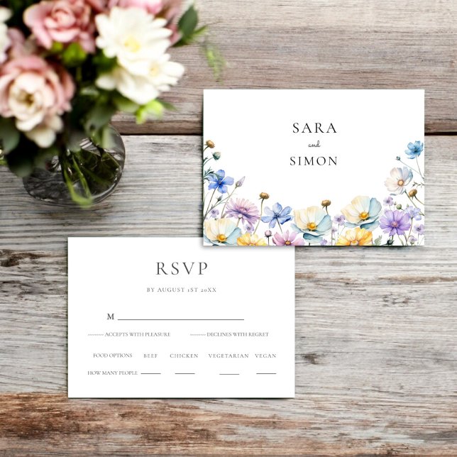 Elegante RSVP de boda con flores silvestres  (elegant wildflower fully editable wedding rsvp card )