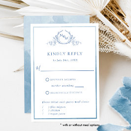 Elegante RSVP de Boda con Monograma Azul y Acuarel