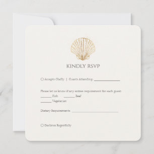 Elegante RSVP de boda cremosa con concha de oro