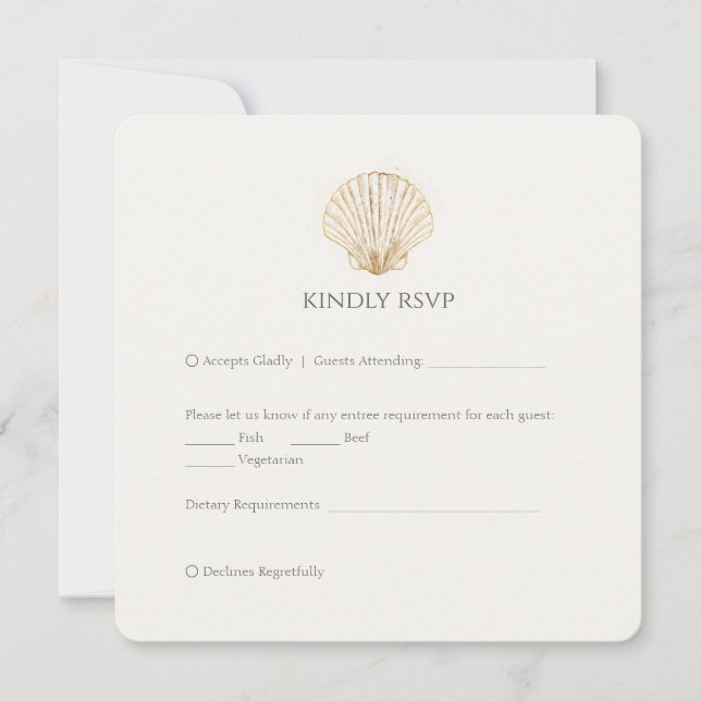 Elegante RSVP de boda cremosa con concha de oro (Anverso)