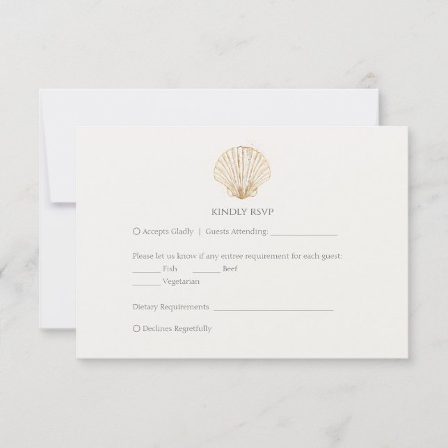 Elegante RSVP de boda cremosa concha de mar oro (Anverso)