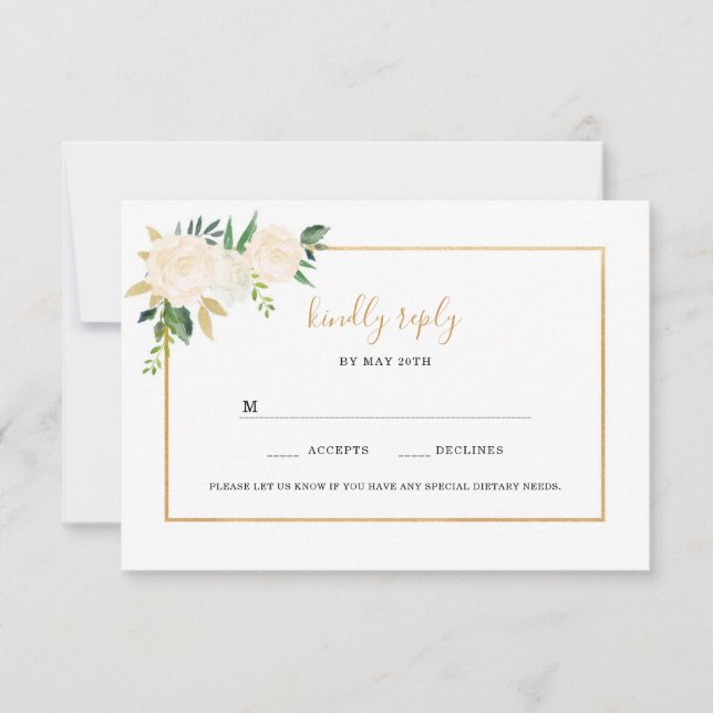 Elegante rsvp de boda dorada floral blanca (Anverso)