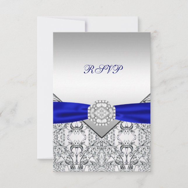 Elegante RSVP de boda en plata y azul real (Anverso)