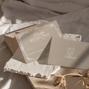 Elegante RSVP de boda floral boho de taupe suave e