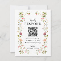 Elegante RSVP de boda floral con código QR acuarel
