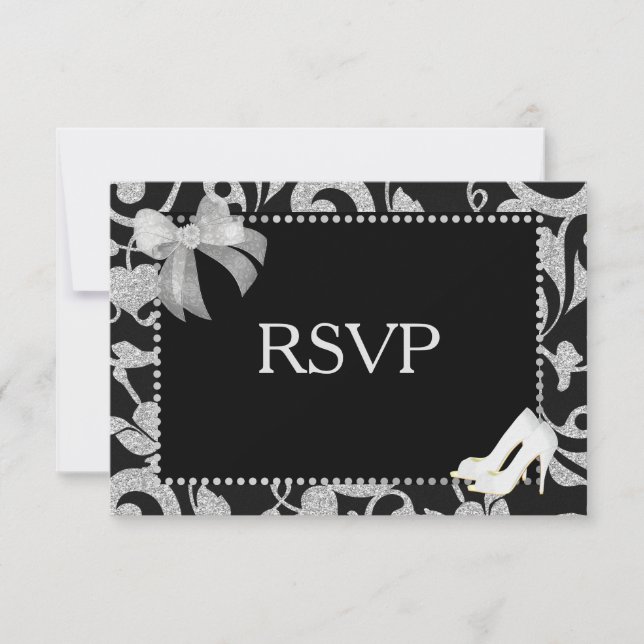 Elegante RSVP de Boda Negra y Plata (Anverso)