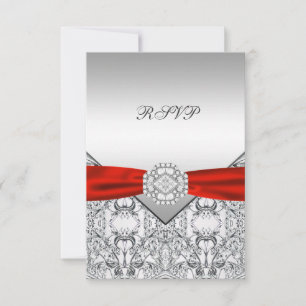 Elegante RSVP de boda plateado y rojo
