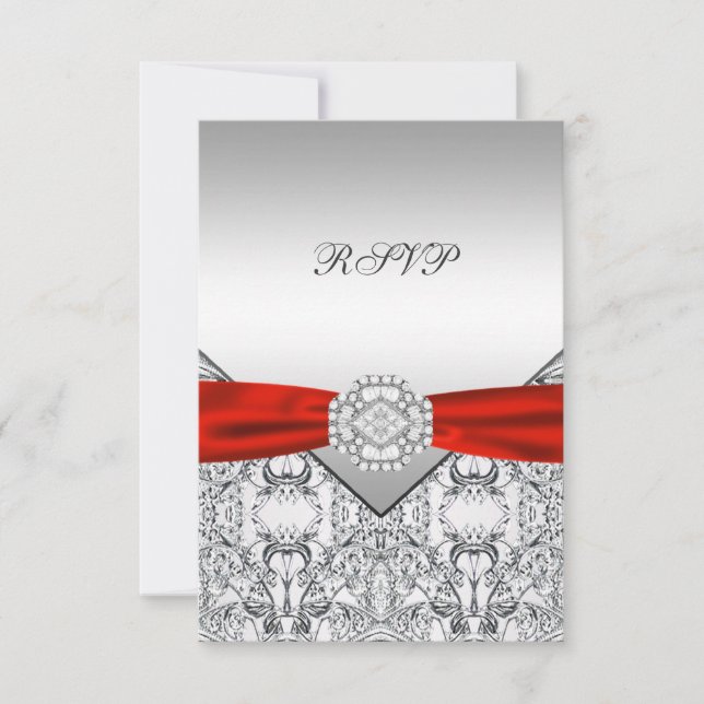 Elegante RSVP de boda plateado y rojo (Anverso)