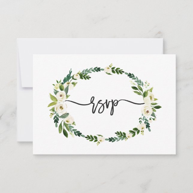 Elegante RSVP de escritura floral en flor blanca (Anverso)